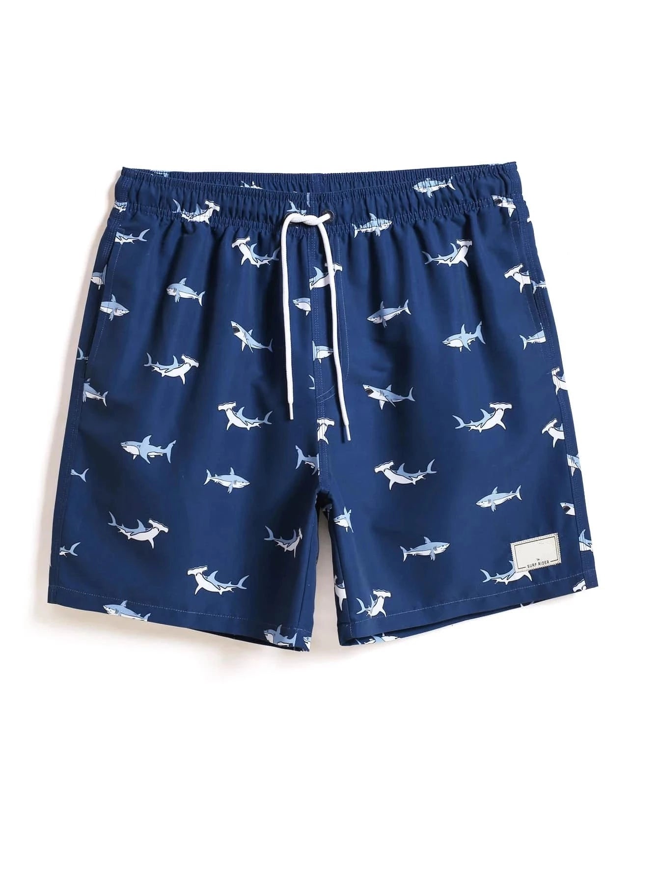 Shark Print Drawstring Waist Swim Trunks With Pocket-Waves And Trunks