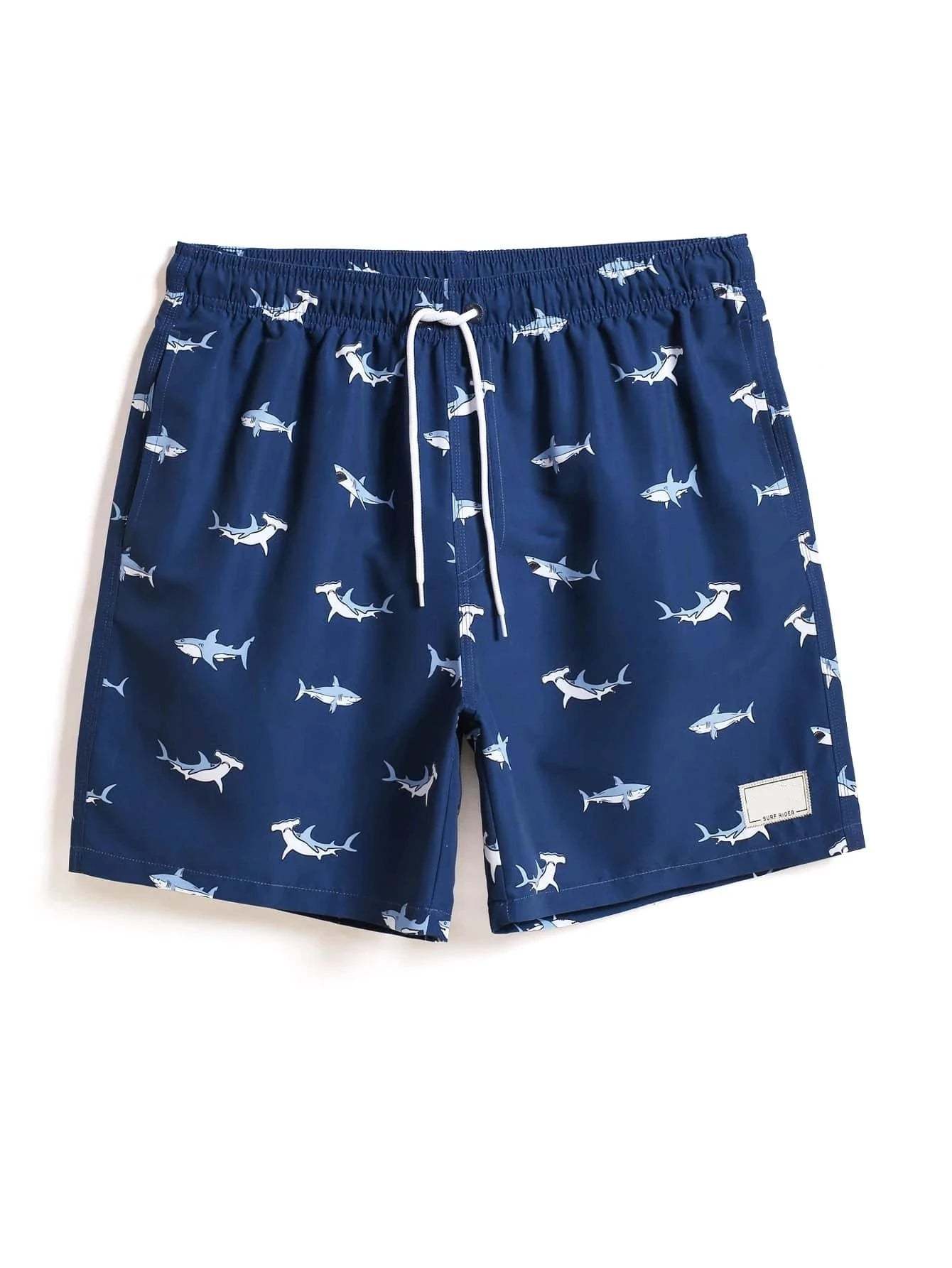 Shark Print Letter Patched Swim Trunks-Waves And Trunks
