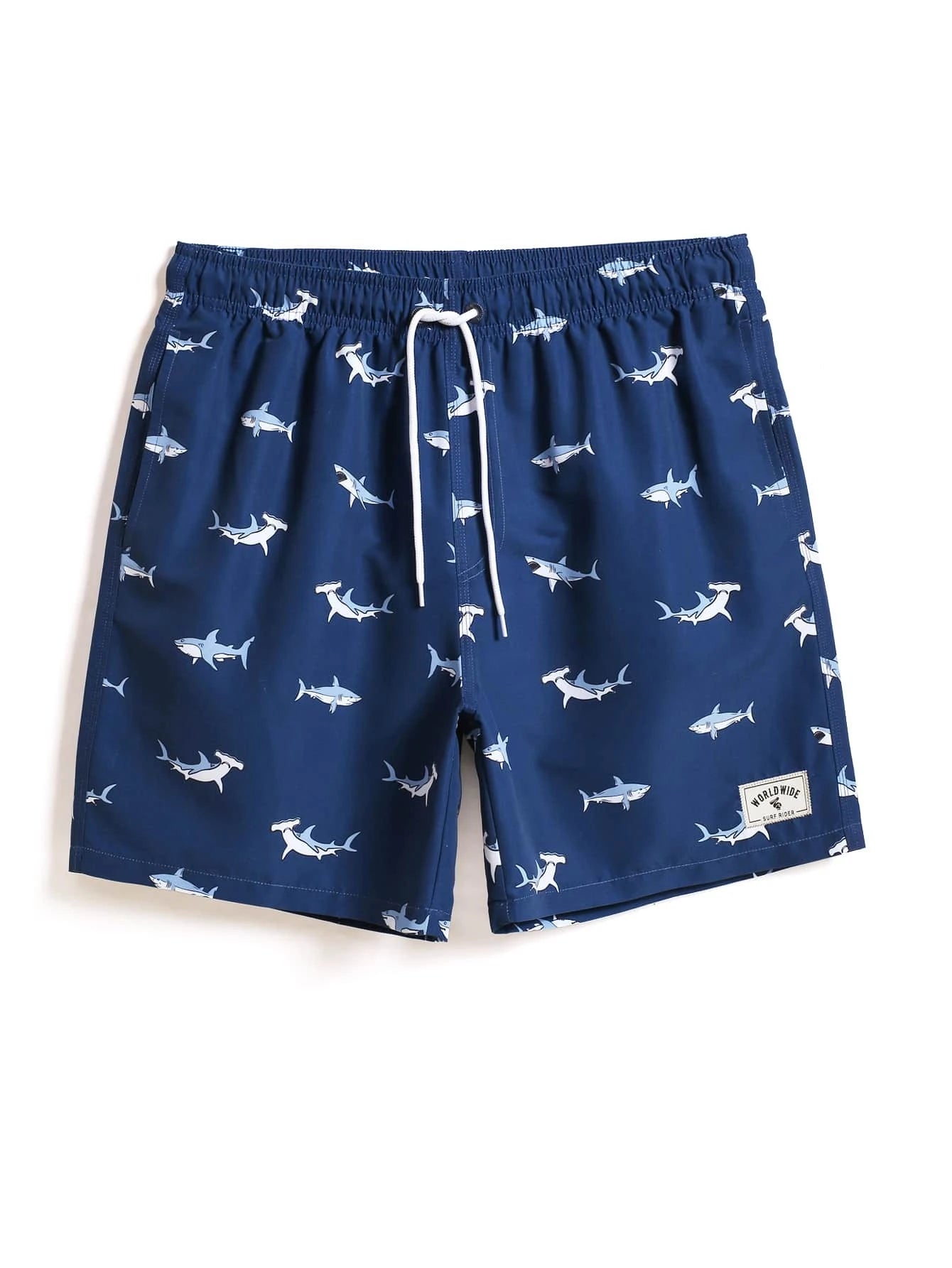 Shark Print Drawstring Waist Swim Shorts-Waves And Trunks