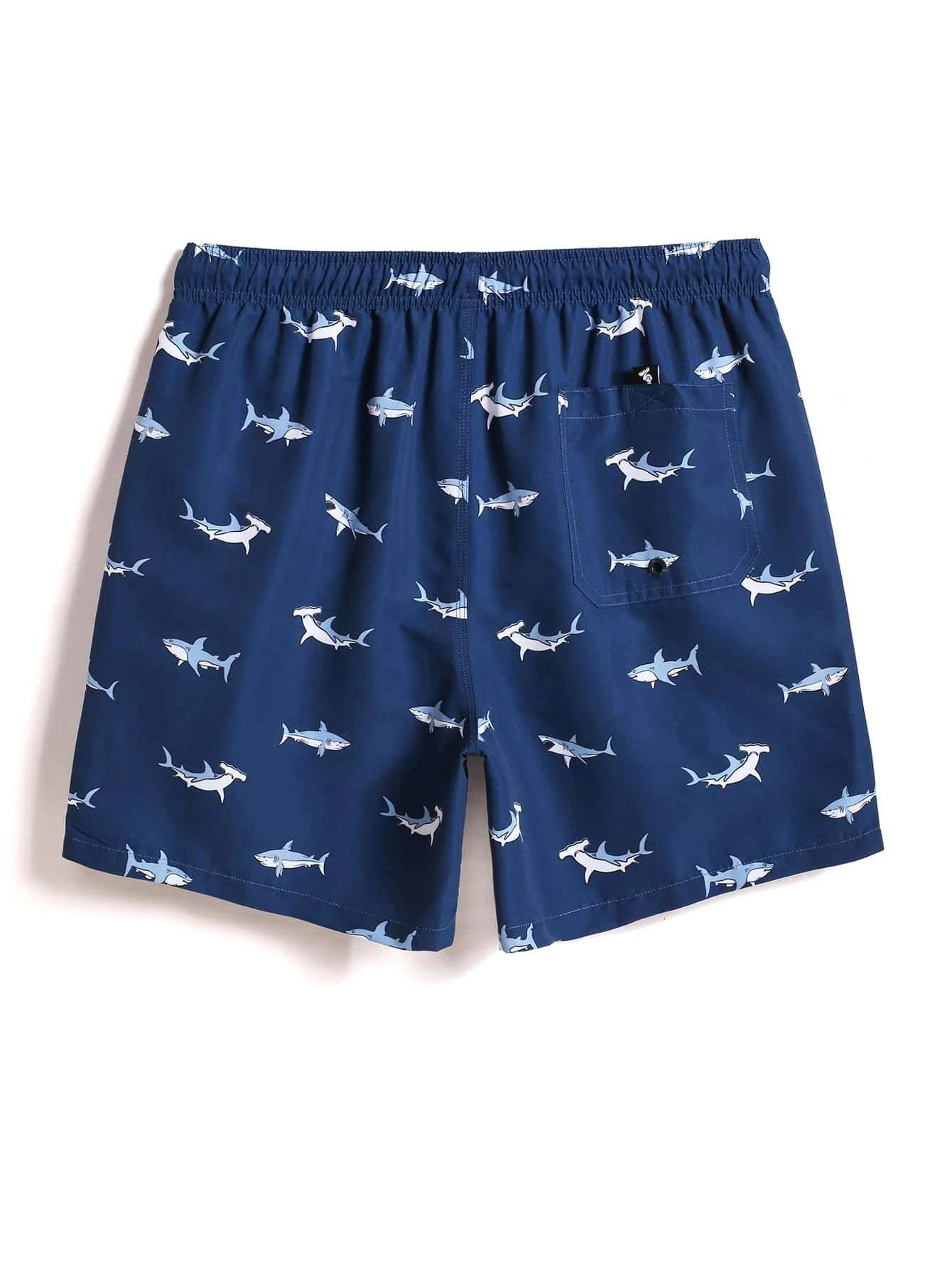 Shark Print Letter Patched Swim Trunks-Waves And Trunks