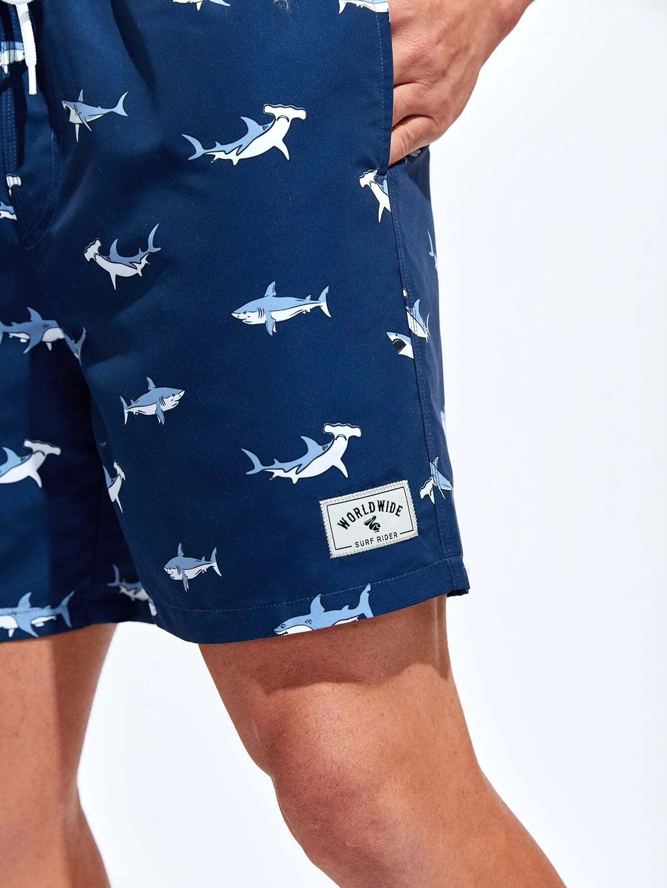 Shark Print Drawstring Waist Swim Shorts-Waves And Trunks