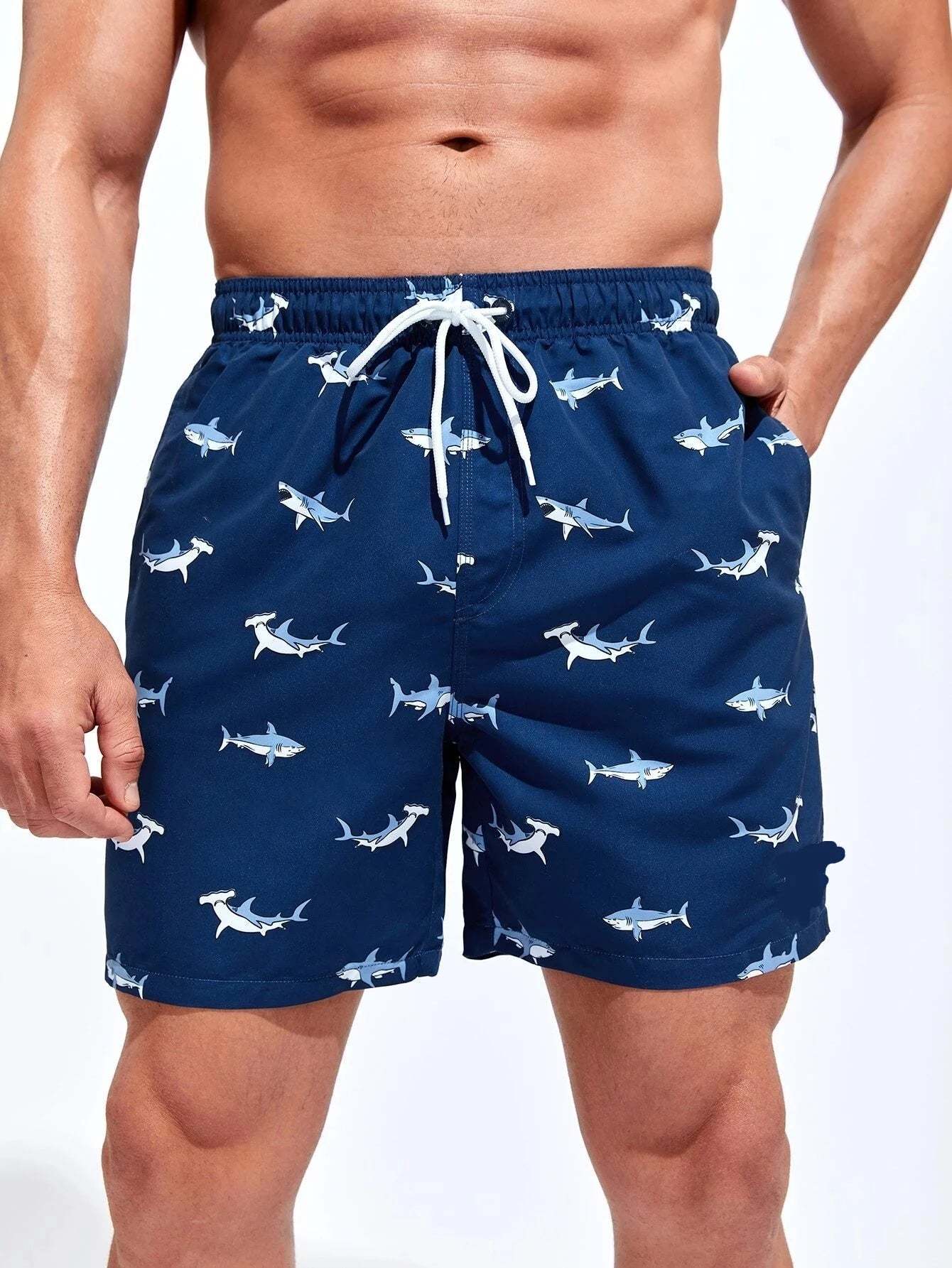 Shark Print Letter Patched Swim Trunks-Waves And Trunks