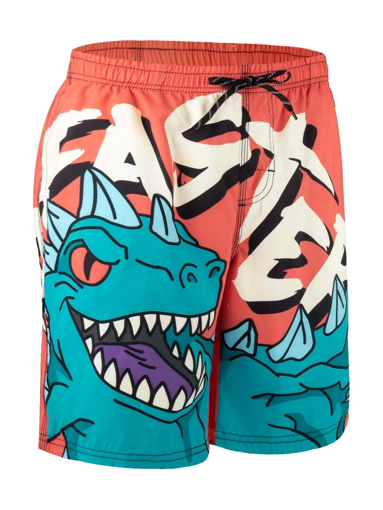 Cartoon Dragon Print Swim Trunks-Waves And Trunks