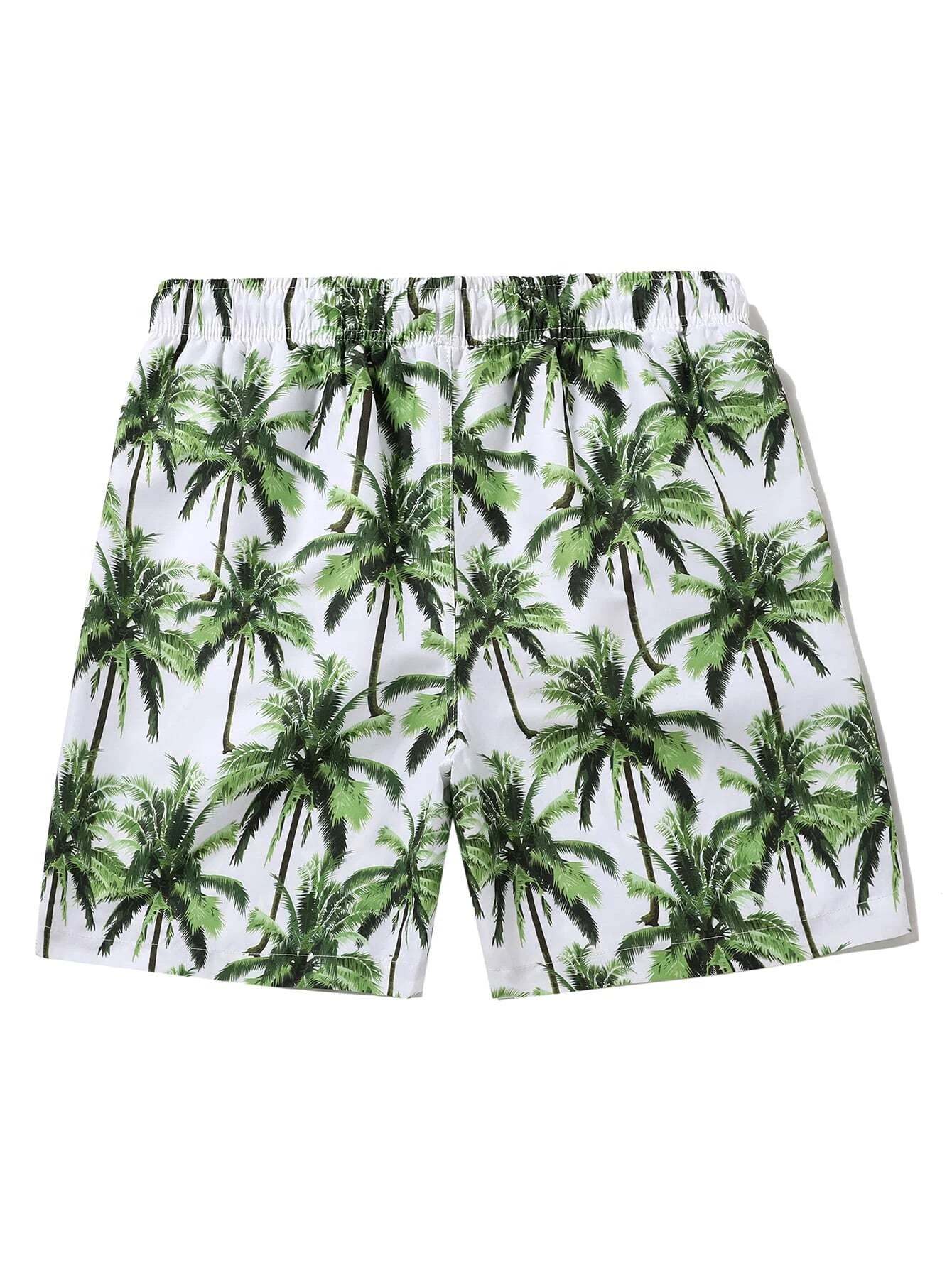 Coconut Tree Print Non Stretch Waist Swim Trunks-Waves And Trunks