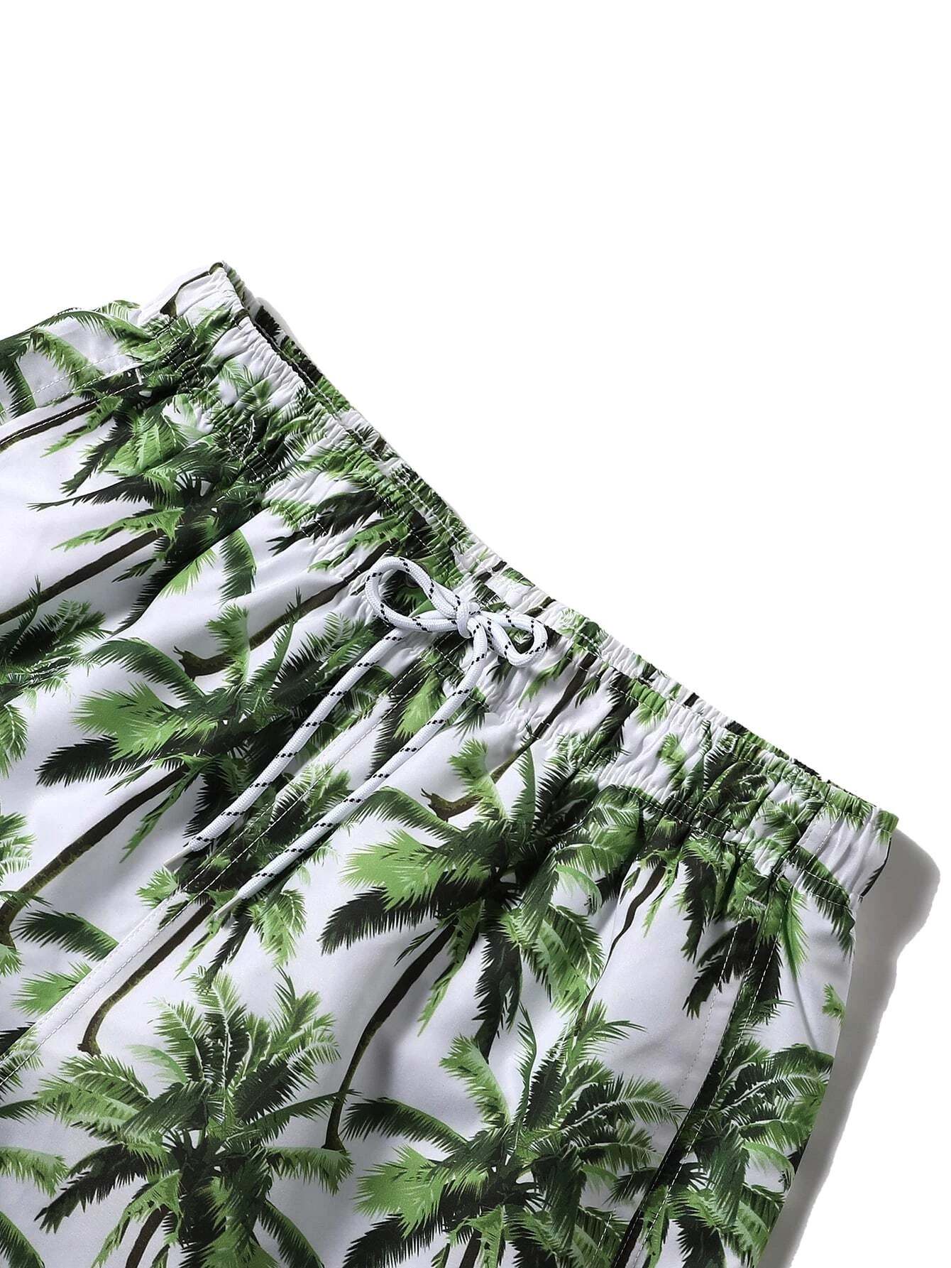 Coconut Tree Print Non Stretch Waist Swim Trunks-Waves And Trunks