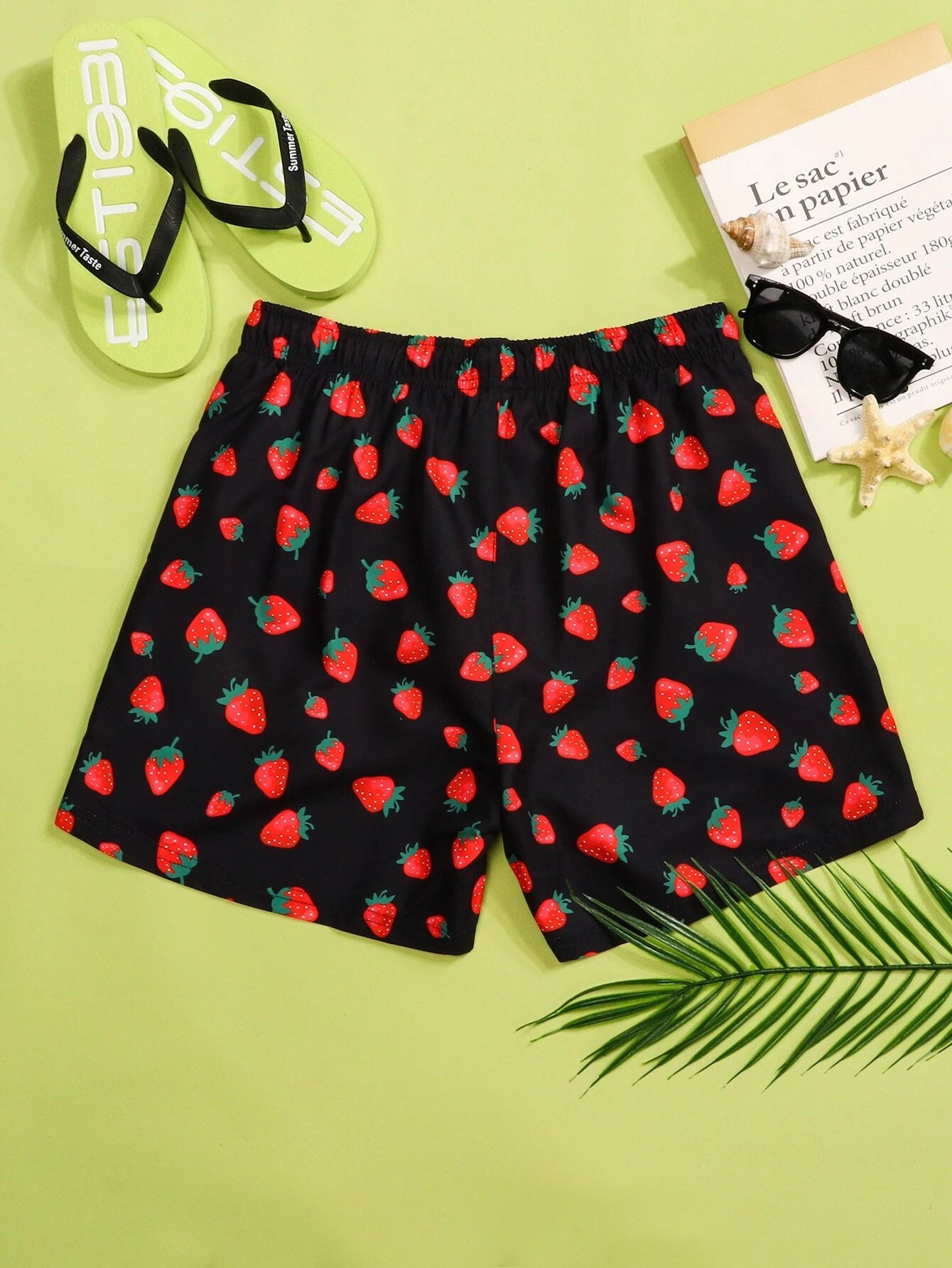 Strawberry Print Drawstring Waist Swim Trunks-Waves And Trunks