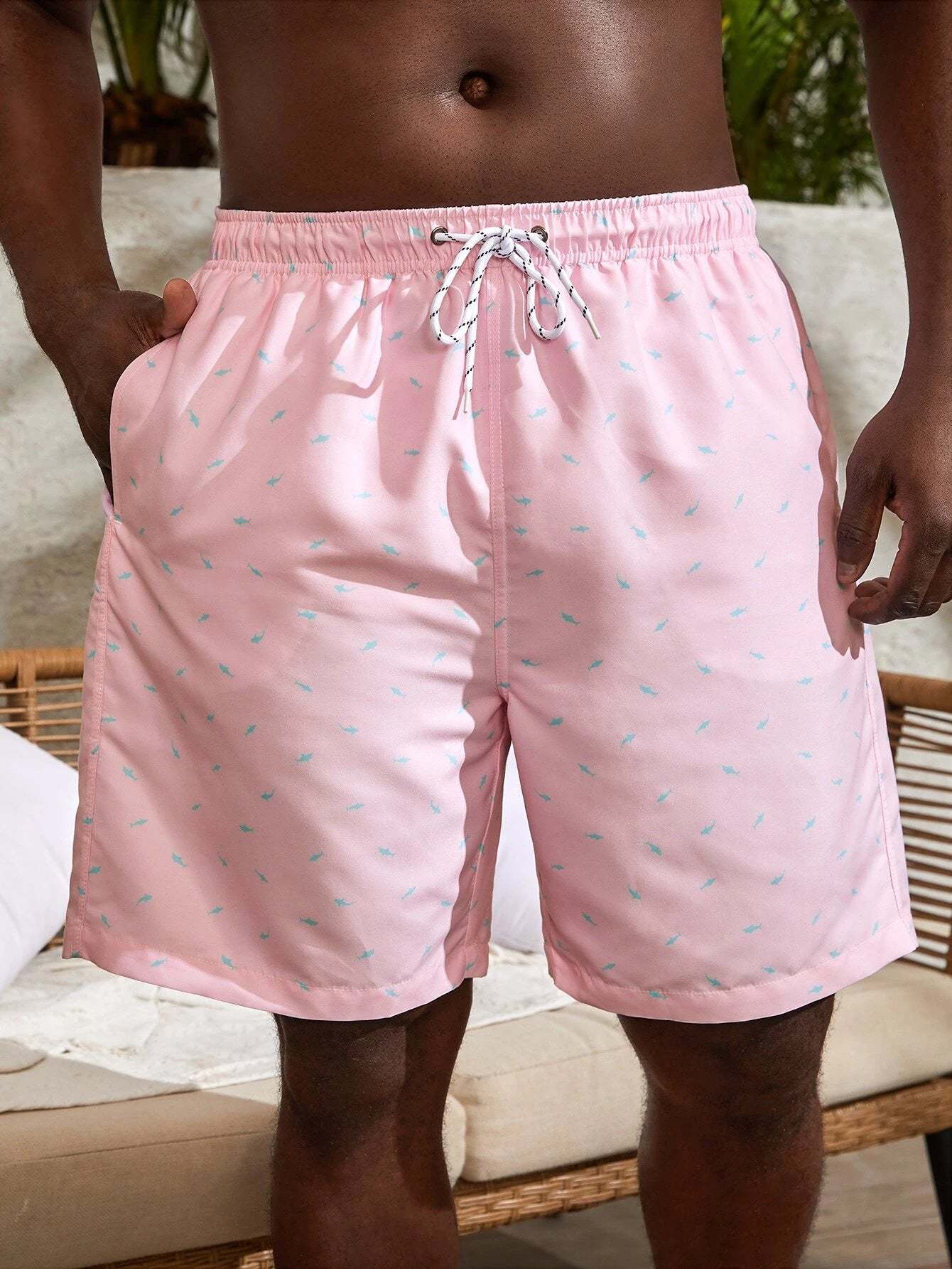 Drawstring Waist Non Stretch Allover Print Swim Trunks-Waves And Trunks