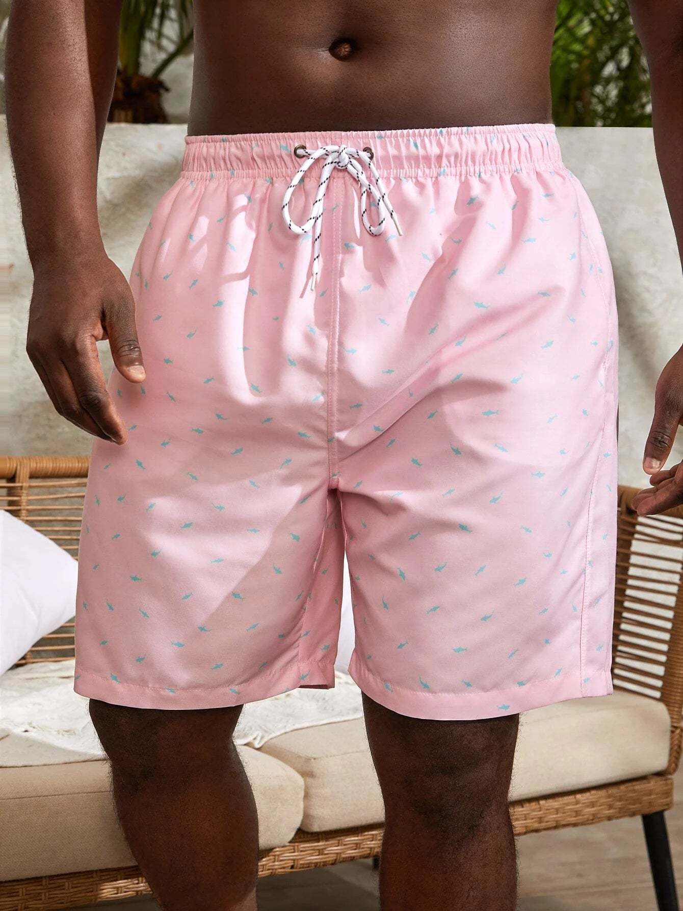 Drawstring Waist Non Stretch Allover Print Swim Trunks-Waves And Trunks