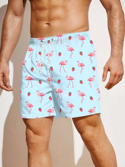 Non Stretch Boho Flamingo Drawstring Shorts With All Over Print-Waves And Trunks