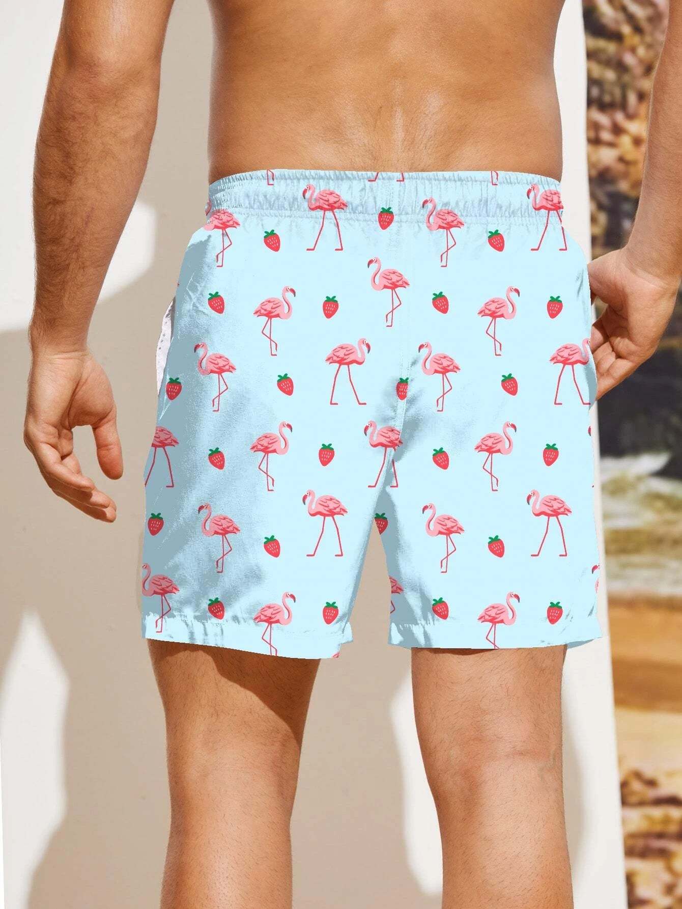 Non Stretch Boho Flamingo Drawstring Shorts With All Over Print-Waves And Trunks