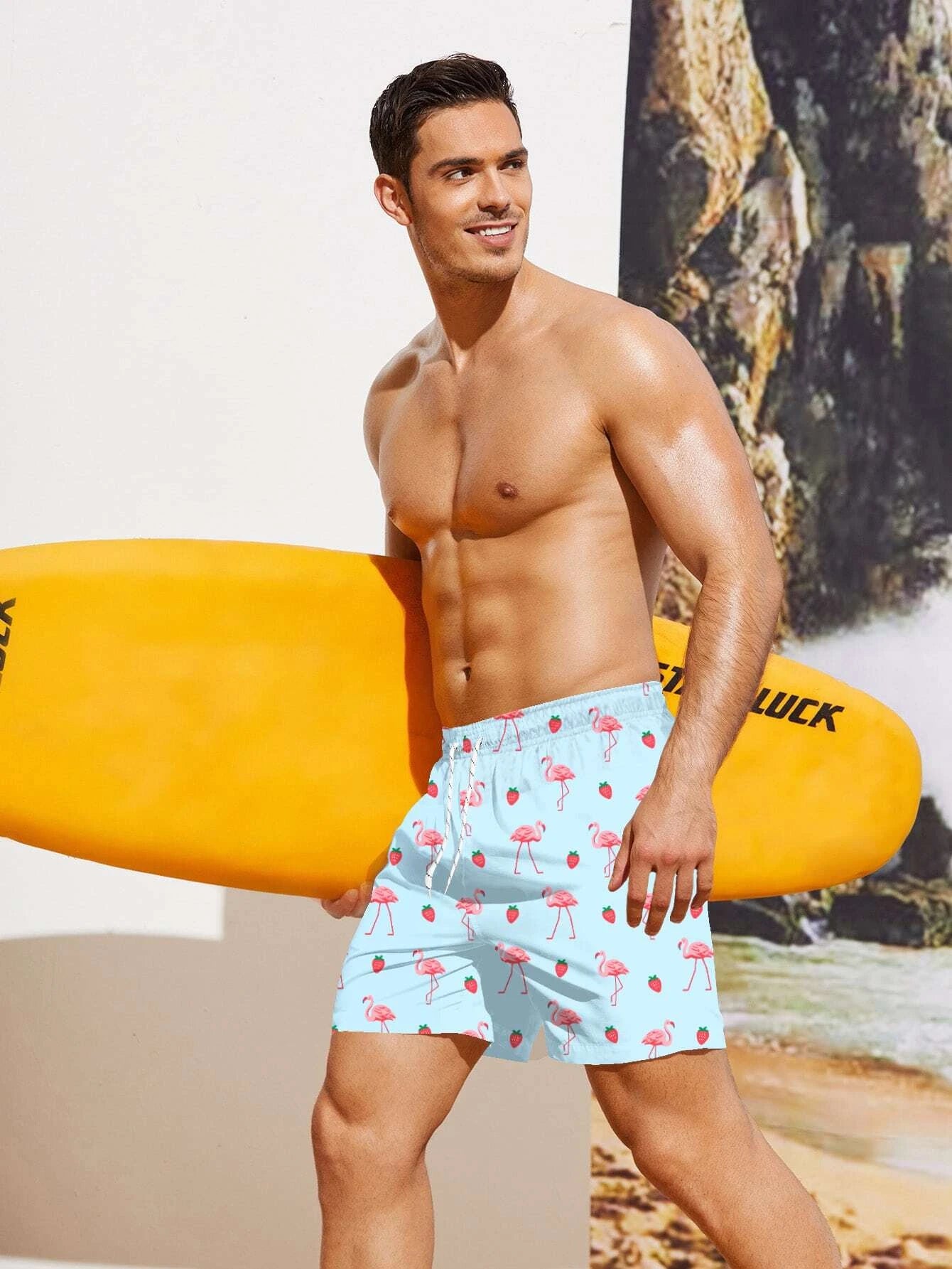 Non Stretch Boho Flamingo Drawstring Shorts With All Over Print-Waves And Trunks
