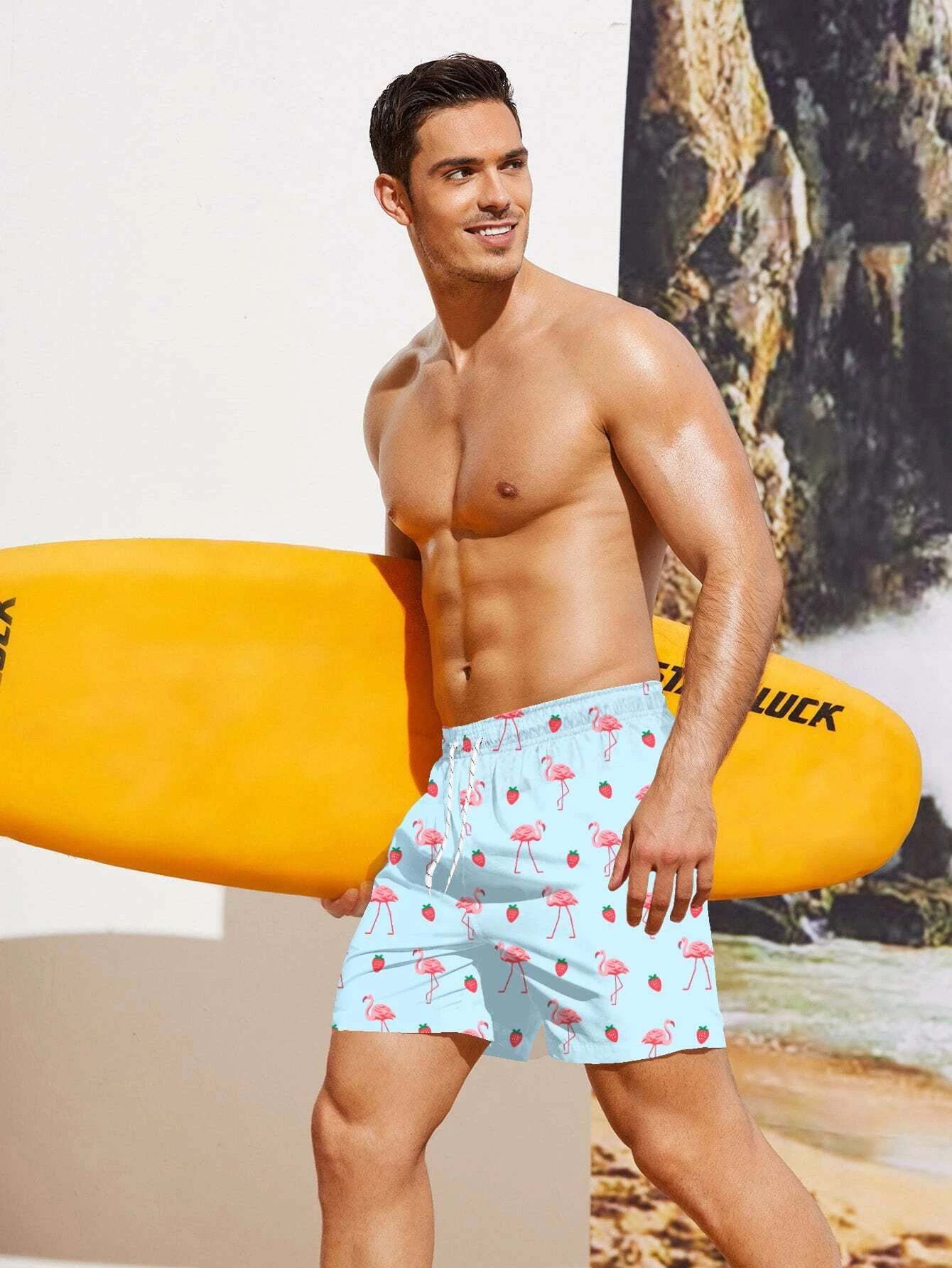 Non Stretch Boho Flamingo Drawstring Shorts With All Over Print-Waves And Trunks