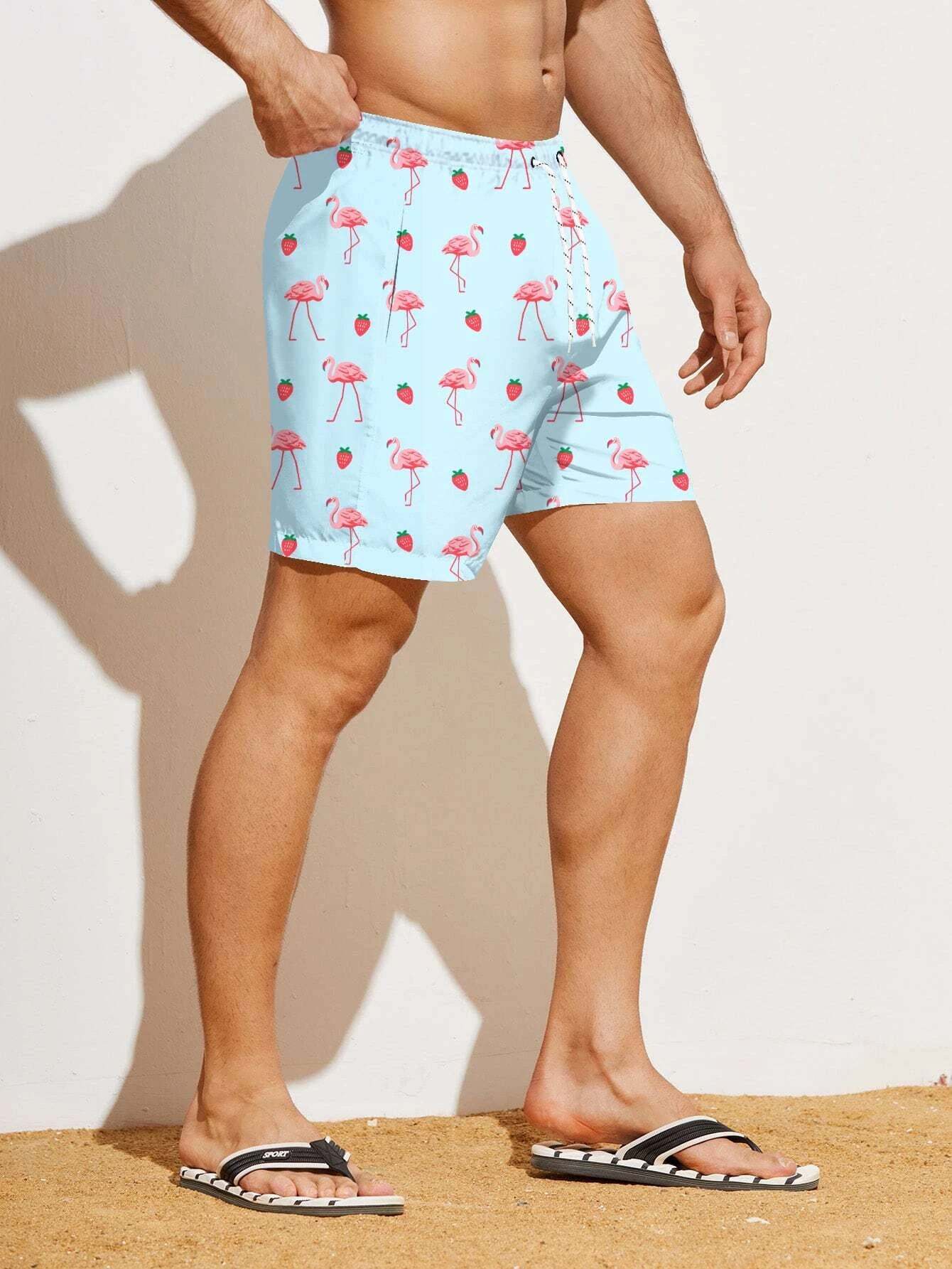 Non Stretch Boho Flamingo Drawstring Shorts With All Over Print-Waves And Trunks