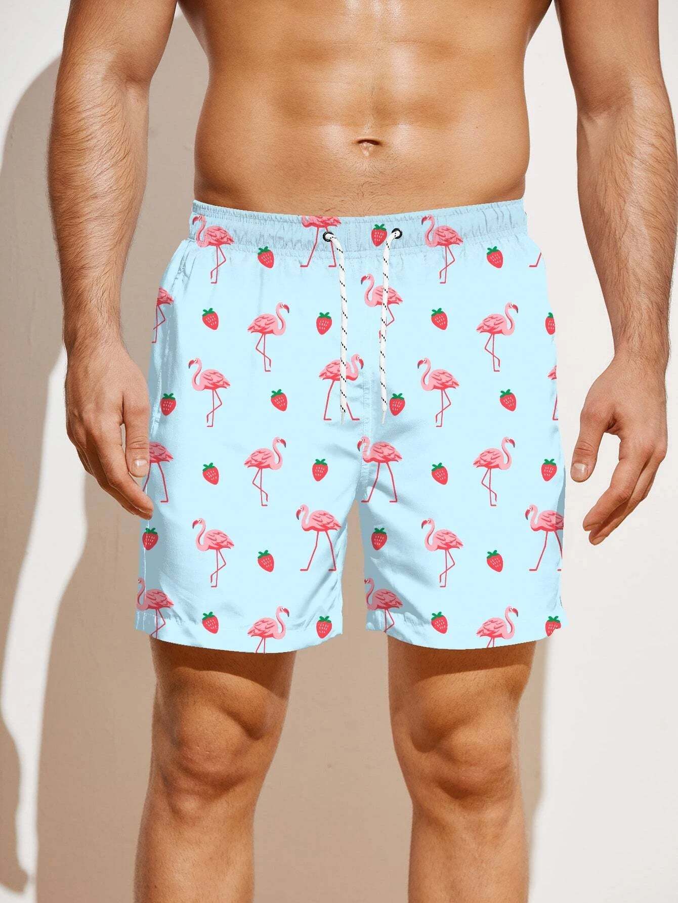 Non Stretch Boho Flamingo Drawstring Shorts With All Over Print-Waves And Trunks