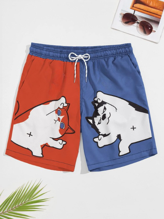 Cartoon Dog And Cat Print Swim Shorts-Waves And Trunks