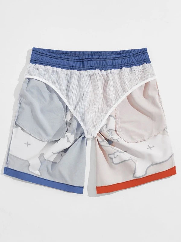 Cartoon Dog And Cat Print Swim Shorts-Waves And Trunks