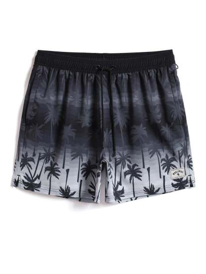 Coconut Tree Print Swim Trunks With Pocket-Waves And Trunks