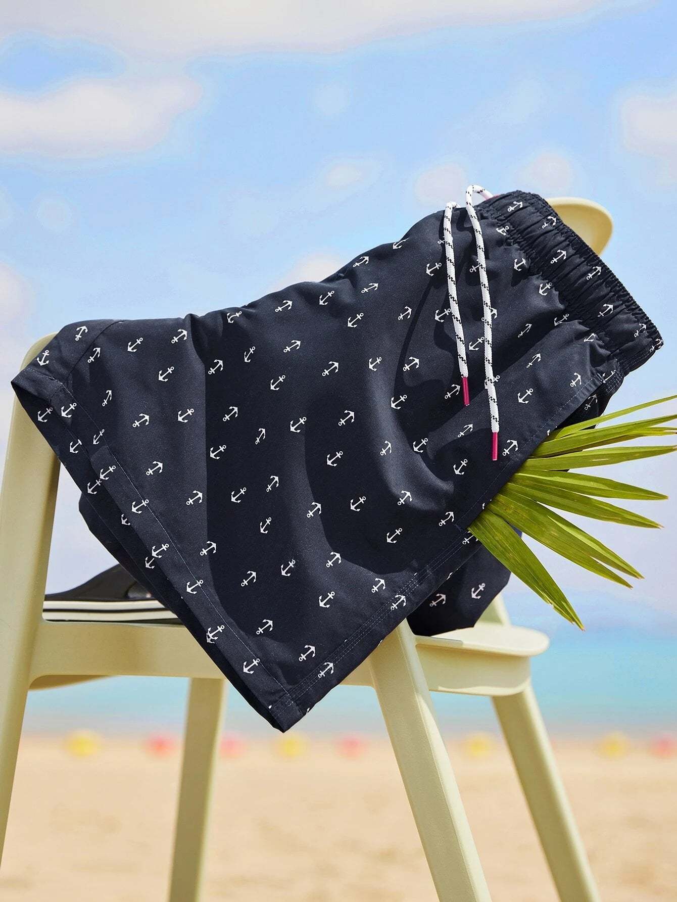 Allover Anchor Print Drawstring Swim Trunks-Waves And Trunks