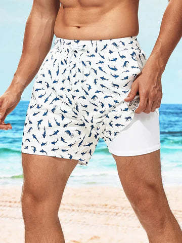 Allover Print Drawstring Waist Slight Stretch Swim Trunks-Waves And Trunks