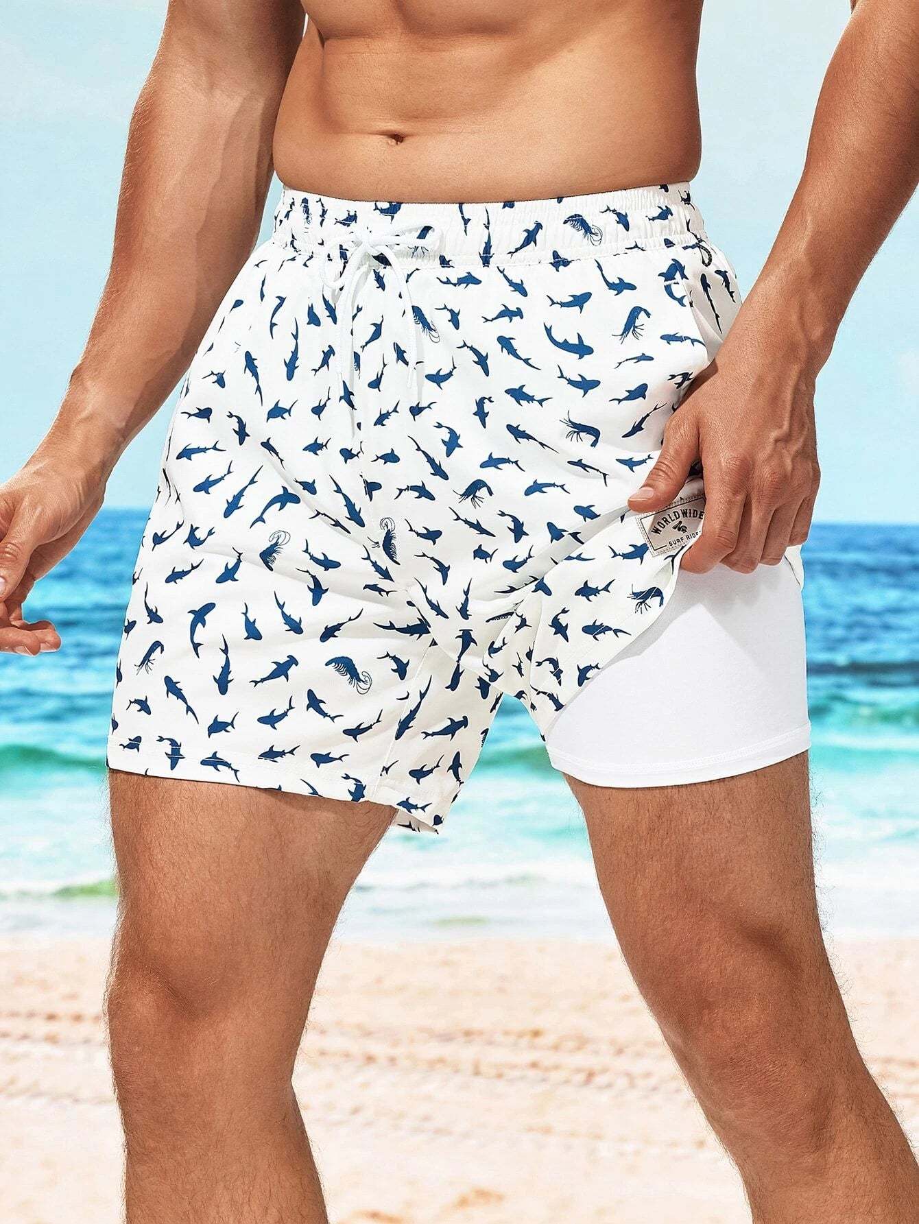 Allover Print Swim Trunks And Compression Liner-Waves And Trunks