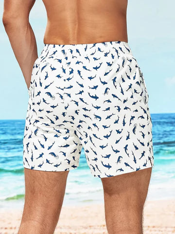 Allover Print Drawstring Waist Slight Stretch Swim Trunks-Waves And Trunks