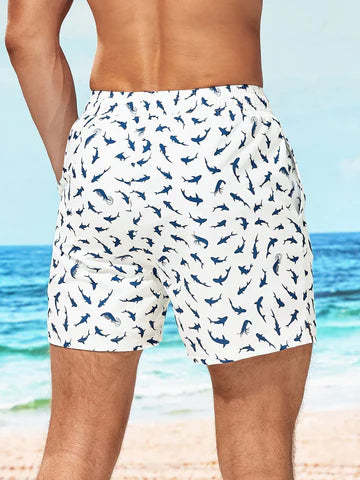 Allover Print Drawstring Waist Slight Stretch Swim Trunks-Waves And Trunks