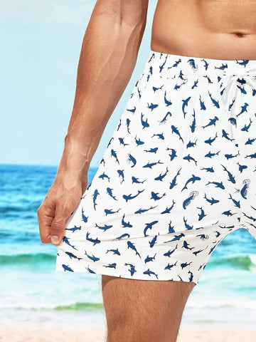 Allover Print Drawstring Waist Slight Stretch Swim Trunks-Waves And Trunks