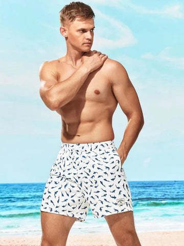 Allover Print Drawstring Waist Slight Stretch Swim Trunks-Waves And Trunks