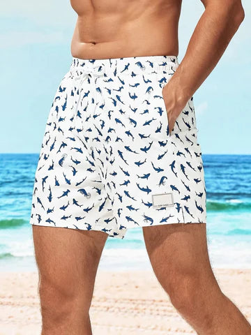 Allover Print Drawstring Waist Slight Stretch Swim Trunks-Waves And Trunks