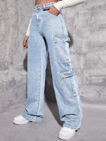 Plain Zipper Fly Flap Pocket Jeans-Waves And Trunks