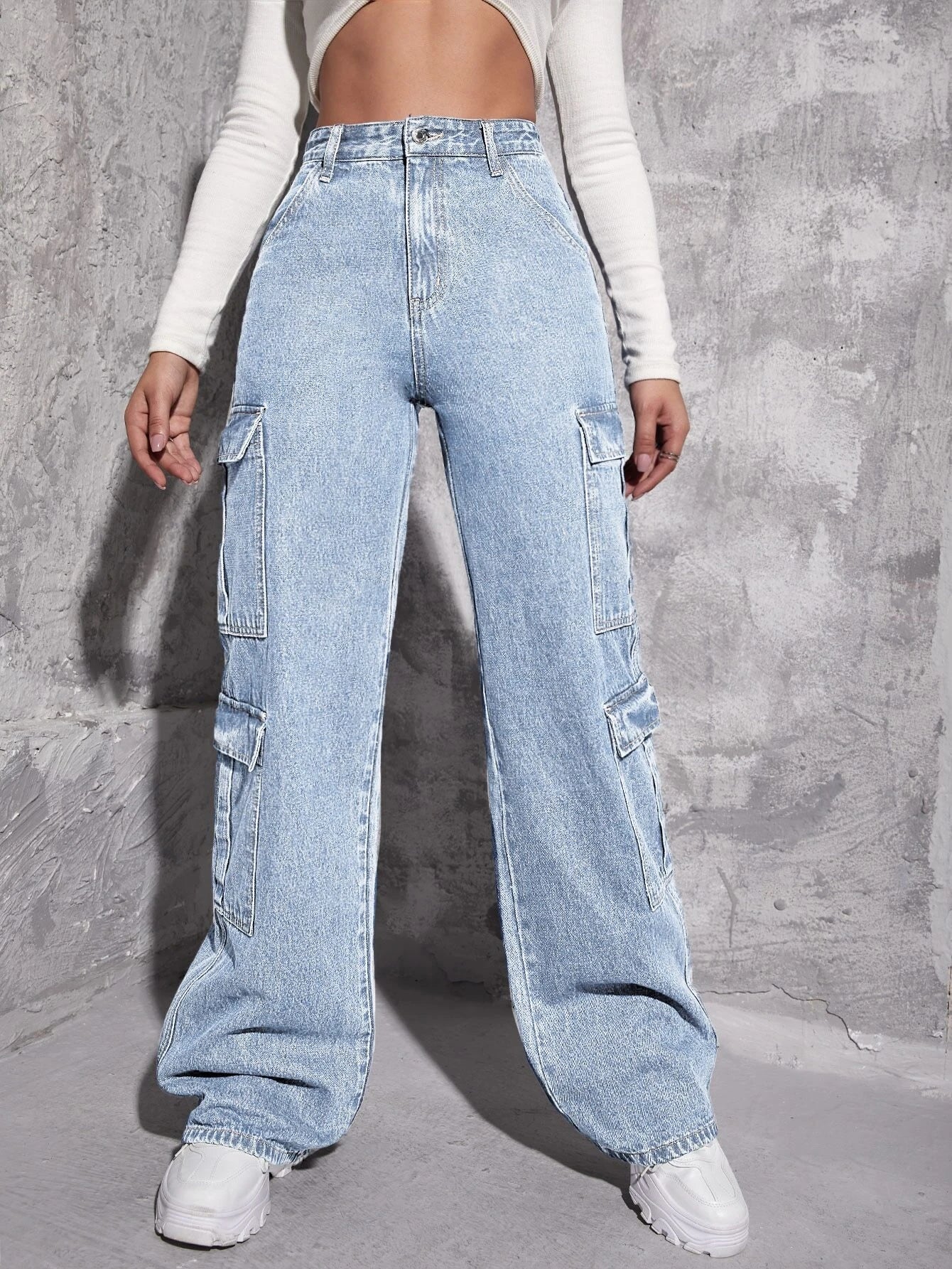 Plain Zipper Fly Flap Pocket Jeans-Waves And Trunks