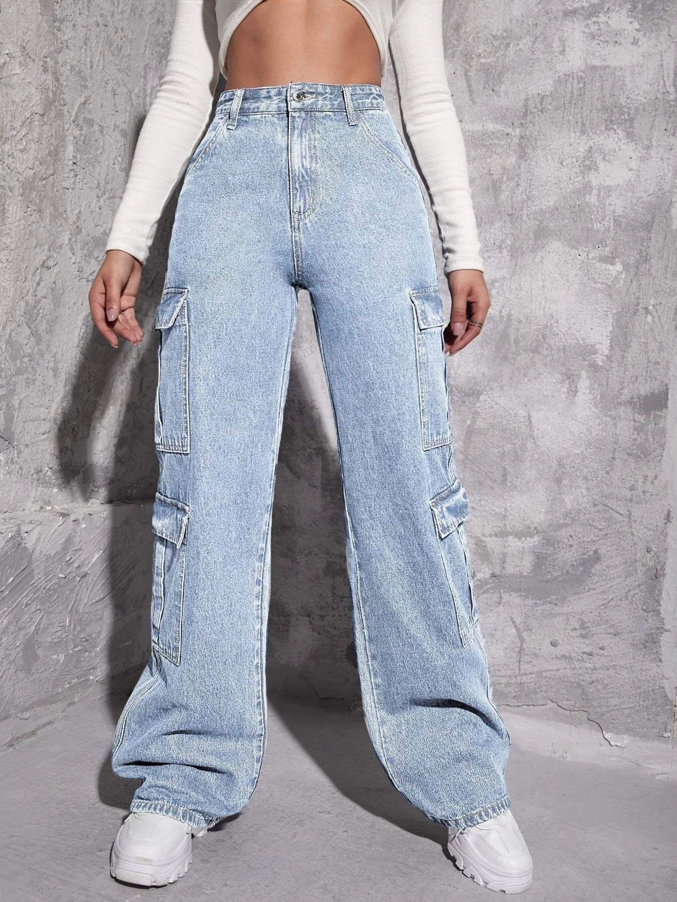 Plain Zipper Fly Flap Pocket Jeans-Waves And Trunks