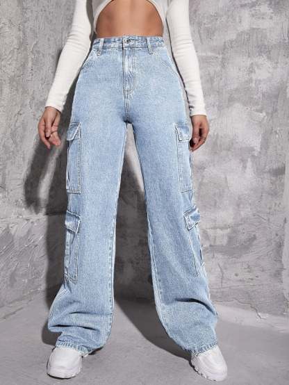 Plain Zipper Fly Flap Pocket Jeans-Waves And Trunks
