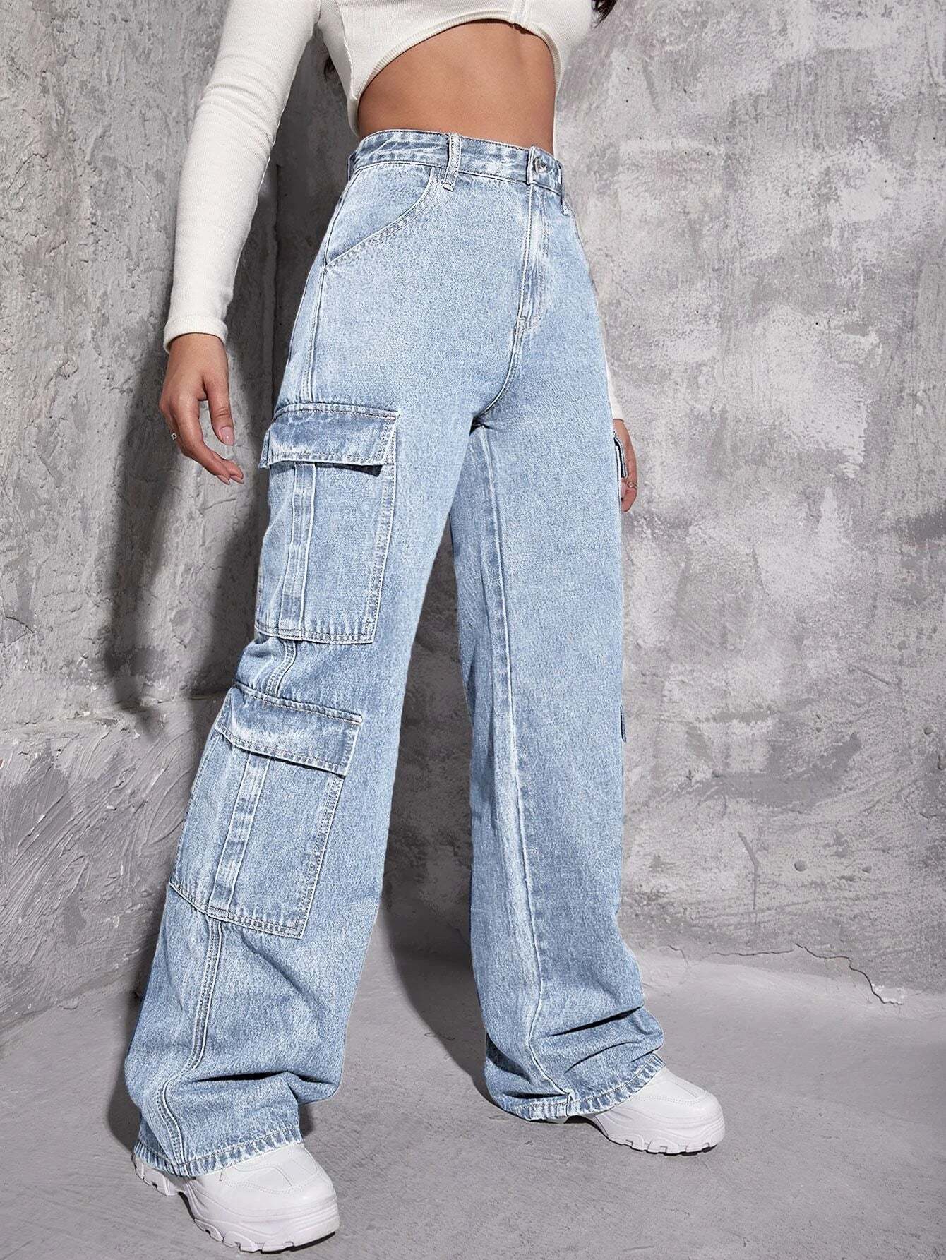 Plain Zipper Fly Flap Pocket Jeans-Waves And Trunks