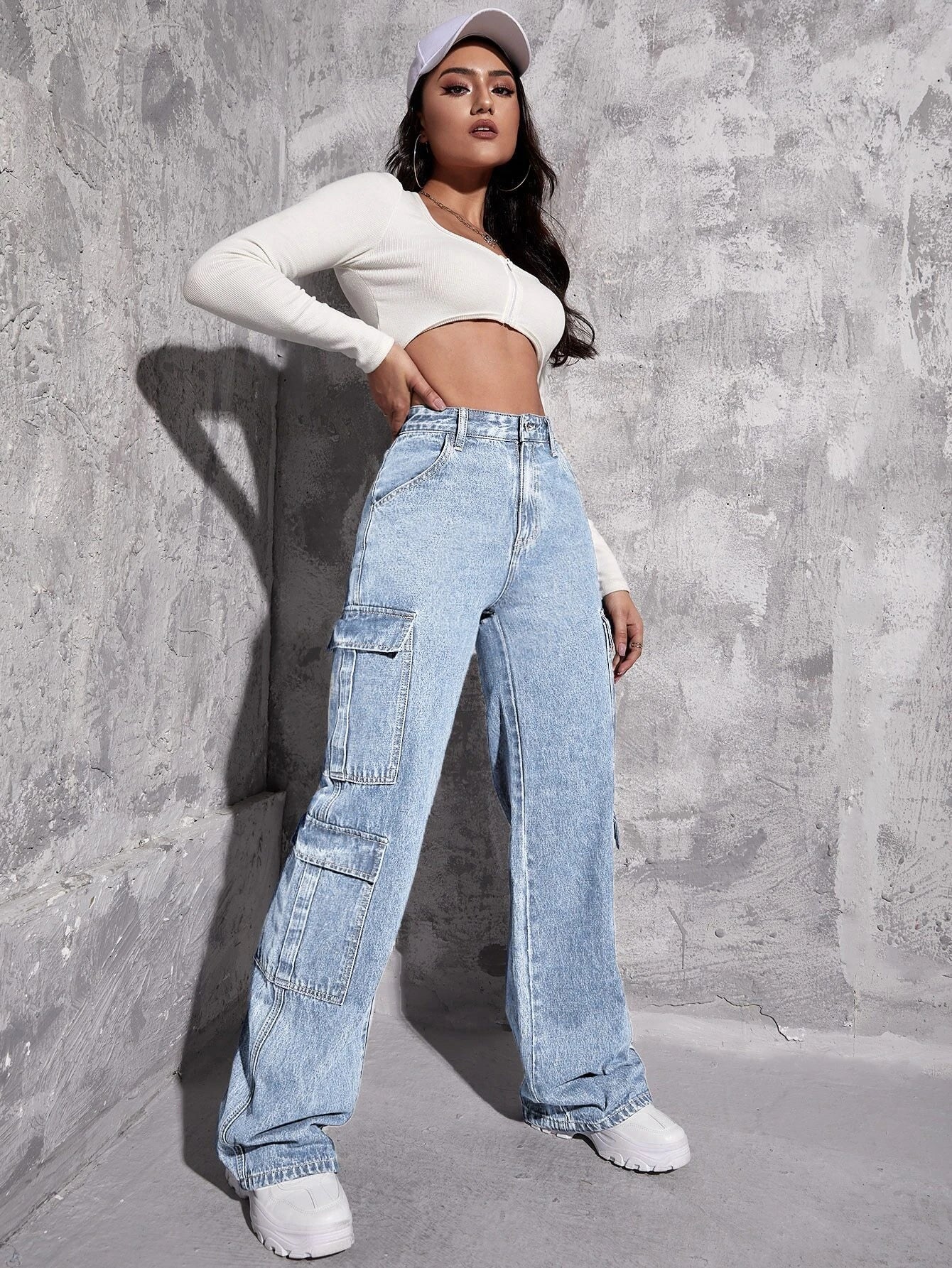 Plain Zipper Fly Flap Pocket Jeans-Waves And Trunks