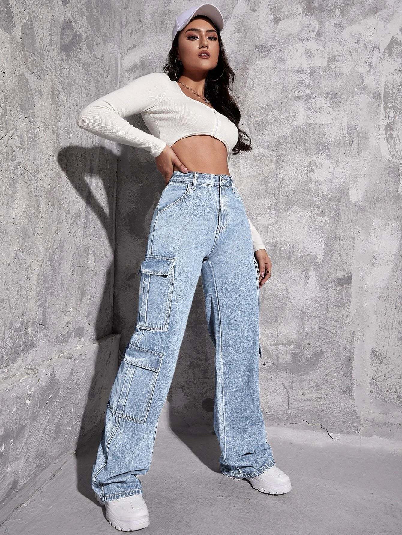 Plain Zipper Fly Flap Pocket Jeans-Waves And Trunks