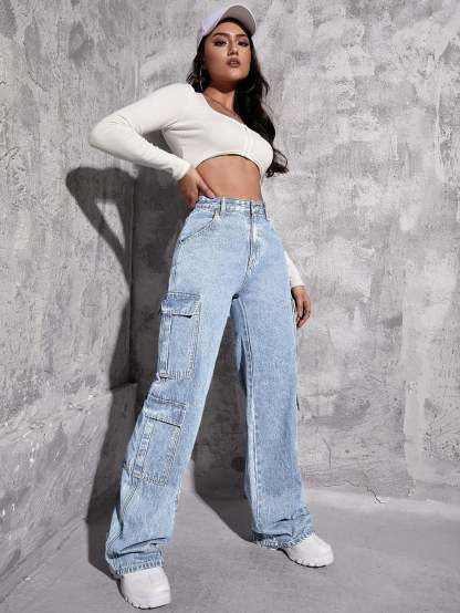 Plain Zipper Fly Flap Pocket Jeans-Waves And Trunks