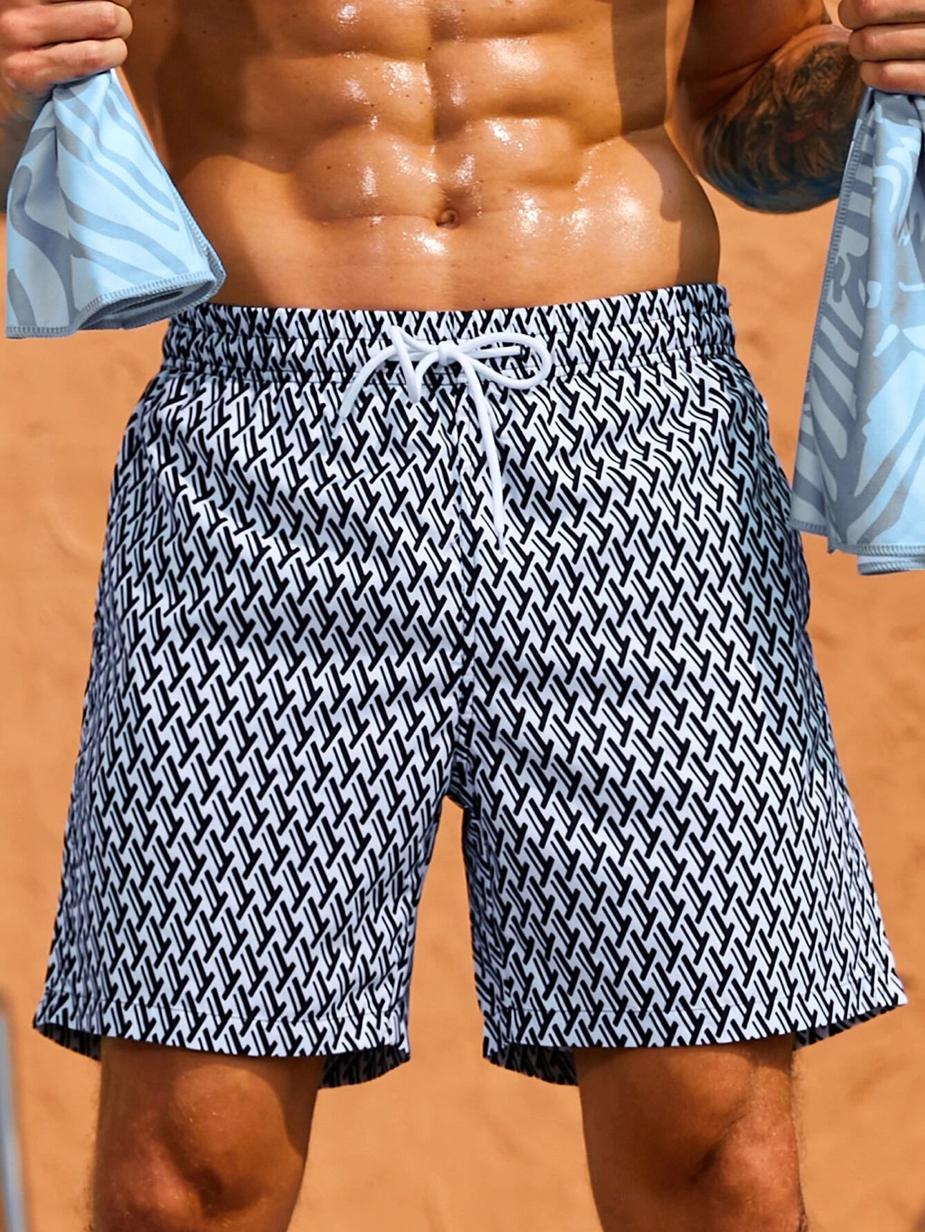 Geometric All Over Print Drawstring Shorts-Waves And Trunks