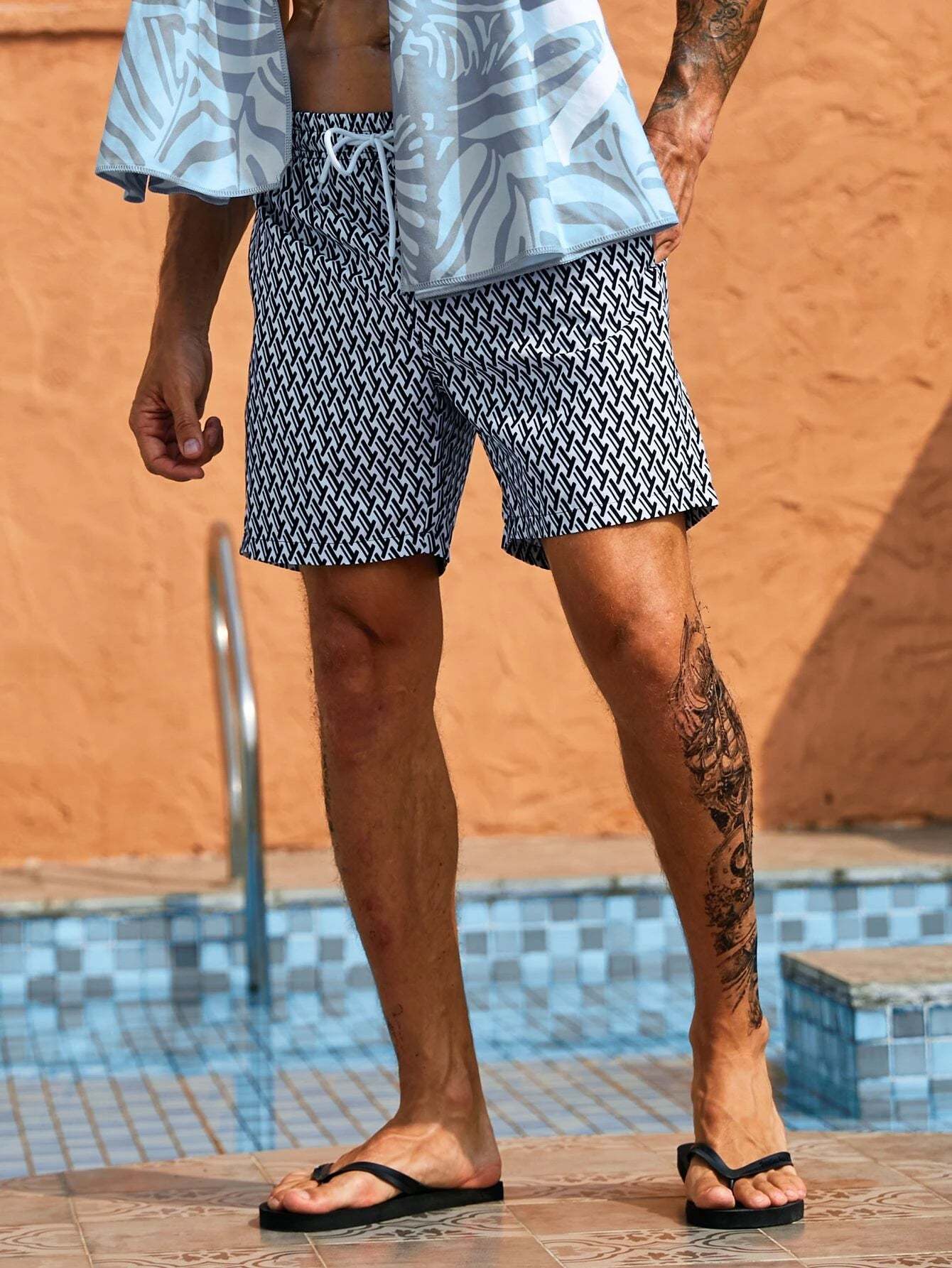 Geometric All Over Print Drawstring Shorts-Waves And Trunks