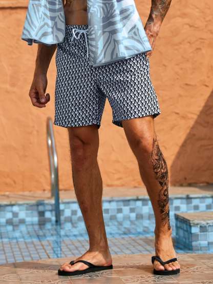 Geometric All Over Print Drawstring Shorts-Waves And Trunks