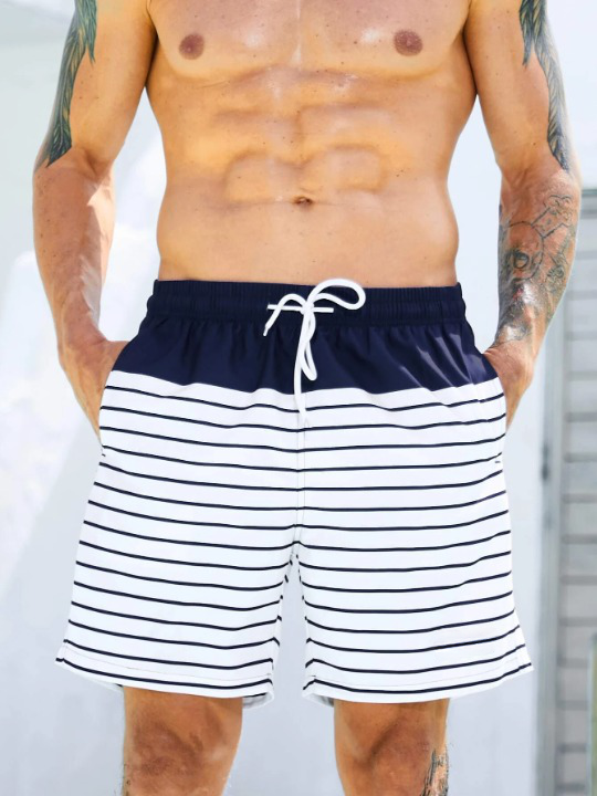 Non Stretch Striped Print Drawstring Waist Swim Shorts-Waves And Trunks