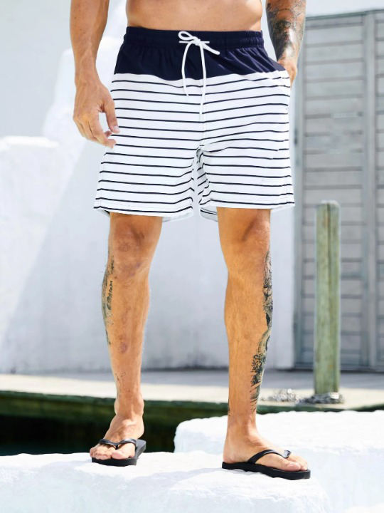 Non Stretch Striped Print Drawstring Waist Swim Shorts-Waves And Trunks
