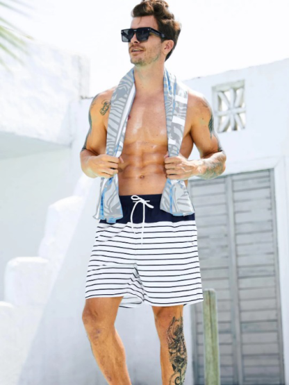 Non Stretch Striped Print Drawstring Waist Swim Shorts-Waves And Trunks