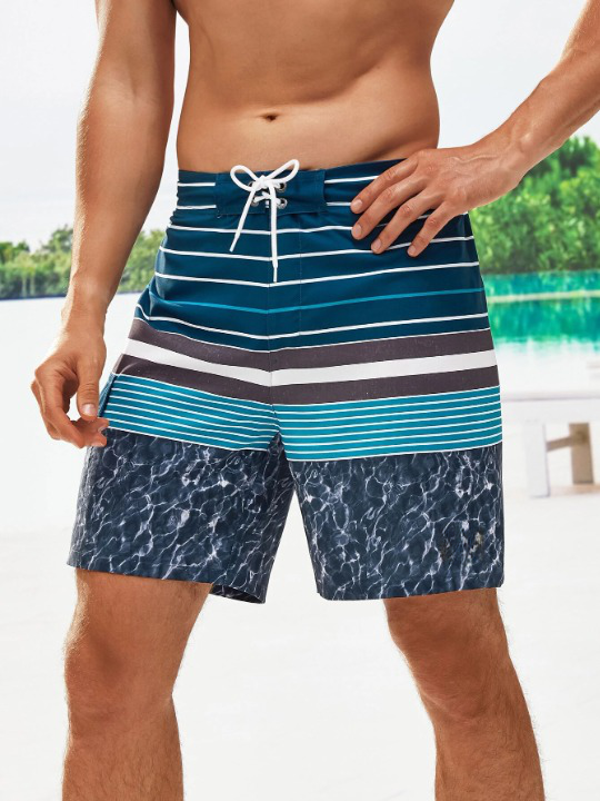 Striped Patched Drawstring Shorts-Waves And Trunks