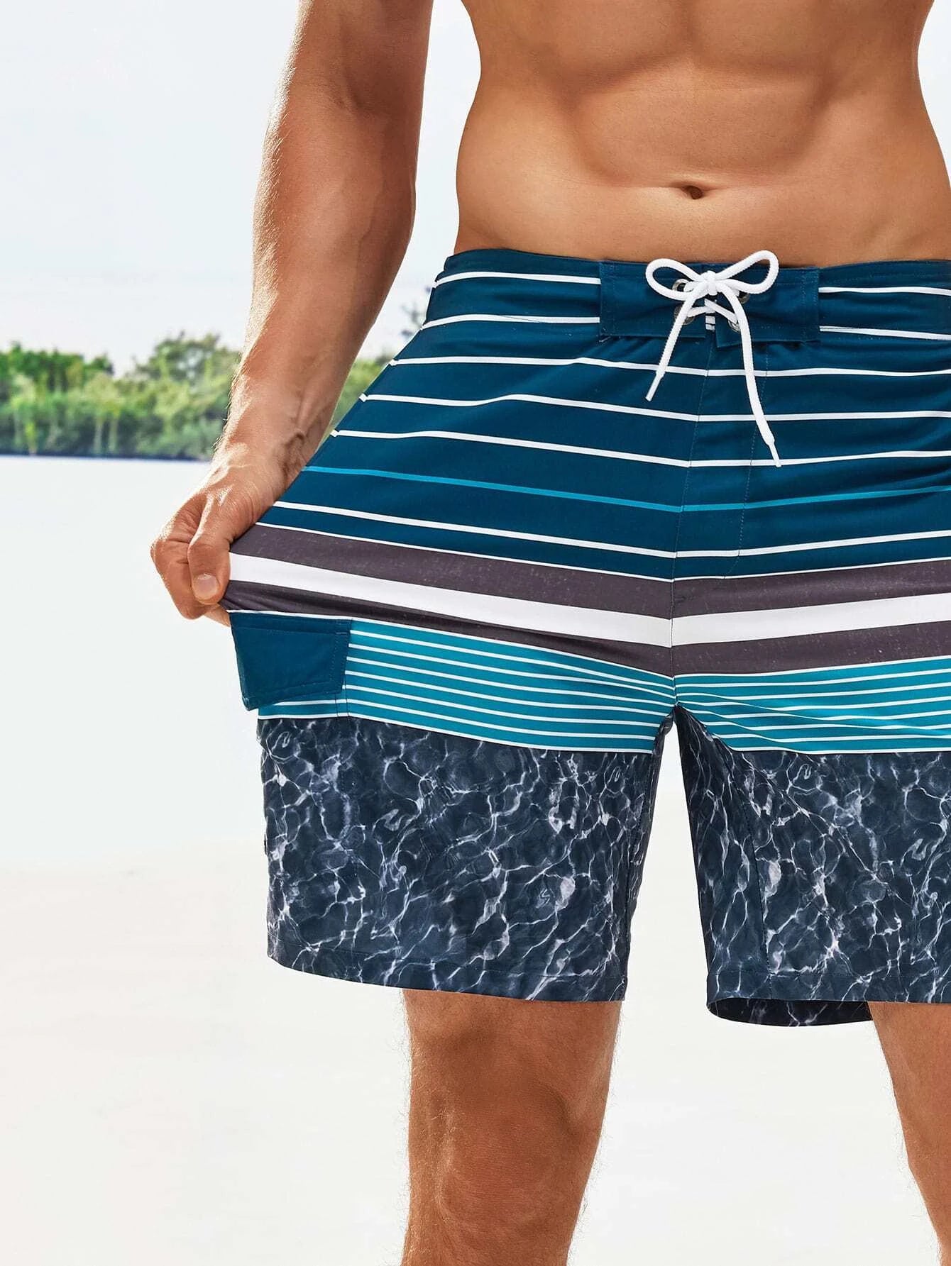 Striped Patched Drawstring Shorts-Waves And Trunks