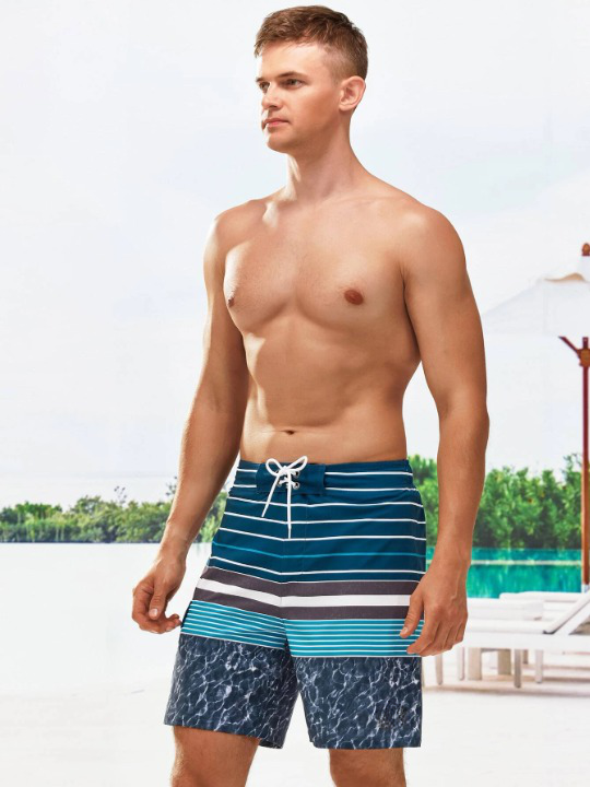 Striped Patched Drawstring Shorts-Waves And Trunks