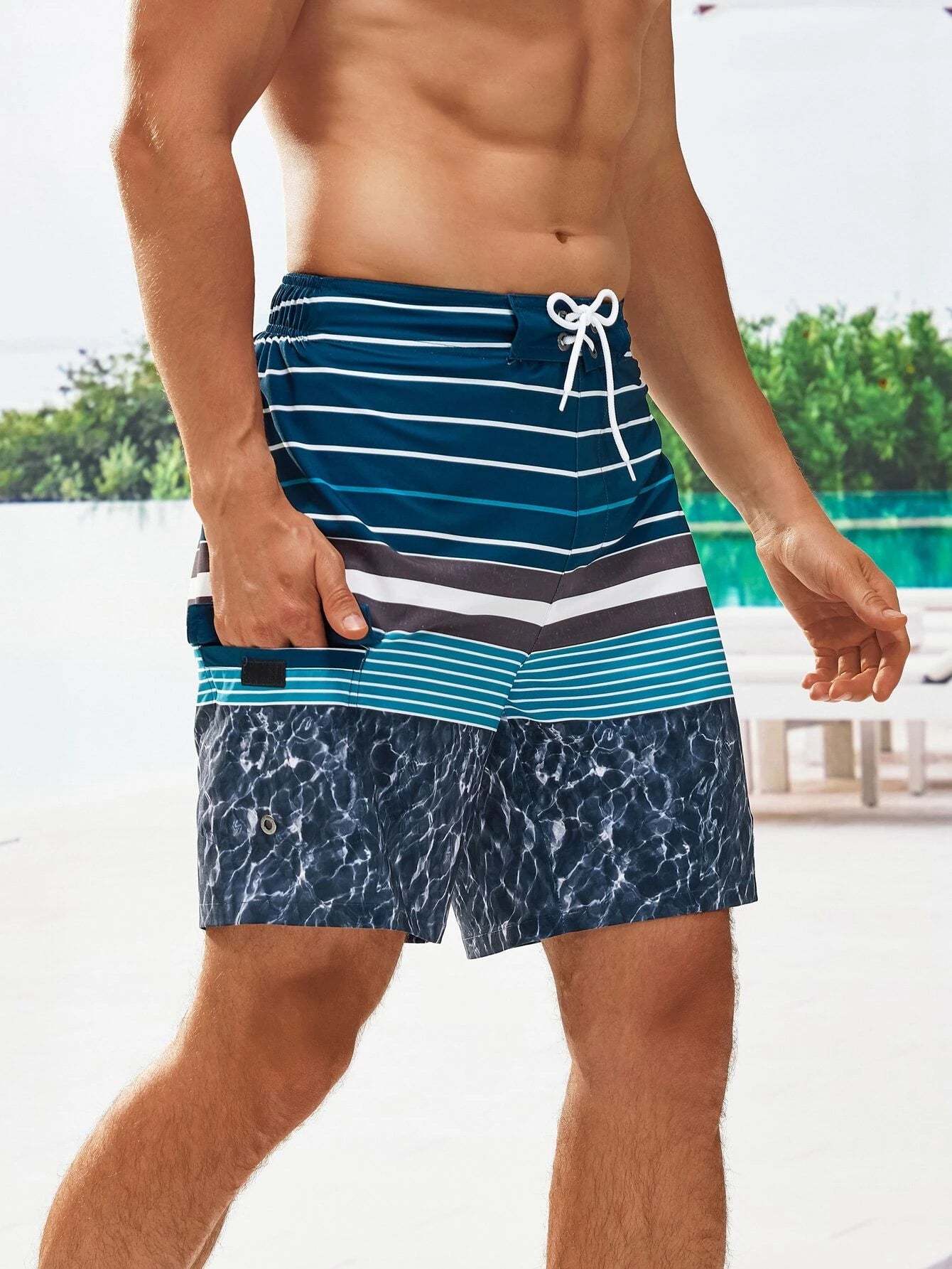 Striped Patched Drawstring Shorts-Waves And Trunks