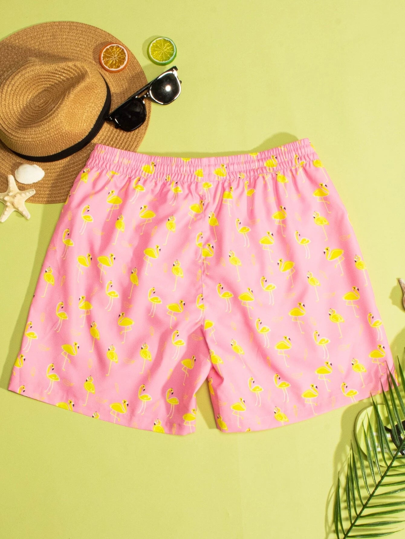 Flamingo Print Drawstring Waist Swim Trunks-Waves And Trunks