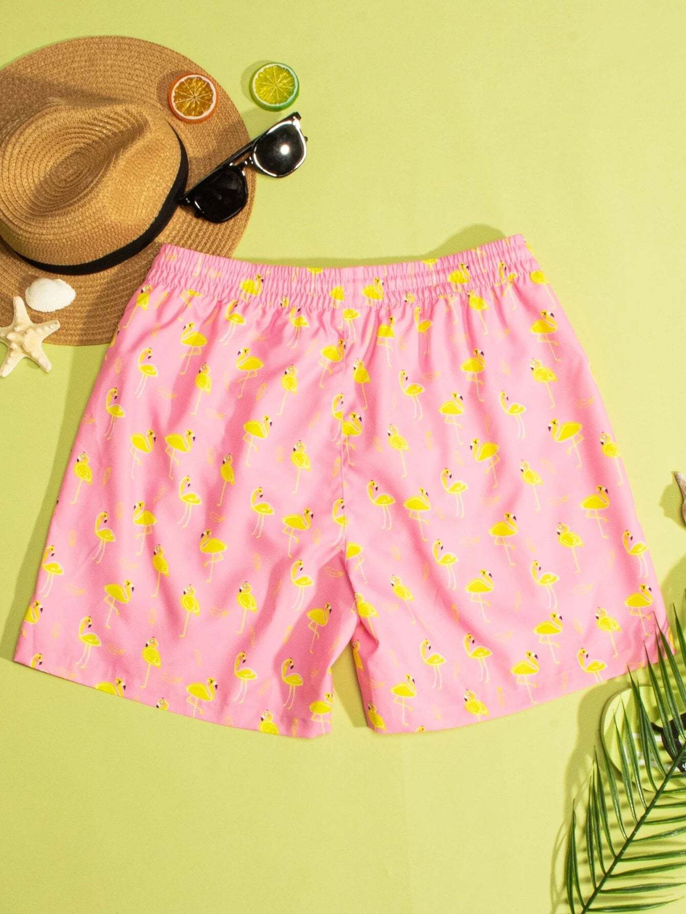 Flamingo Print Drawstring Waist Swim Trunks-Waves And Trunks