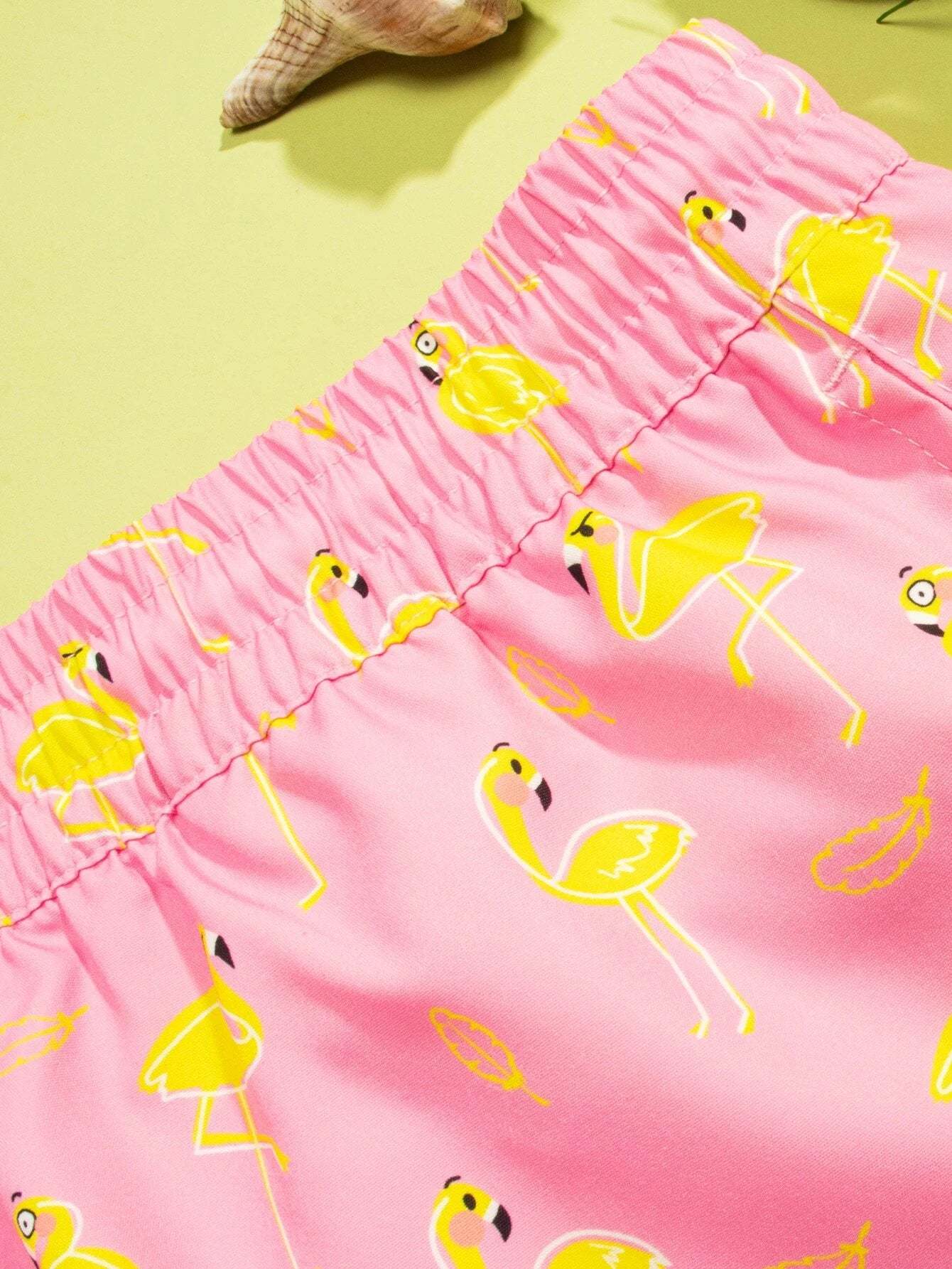Flamingo Print Drawstring Waist Swim Trunks-Waves And Trunks